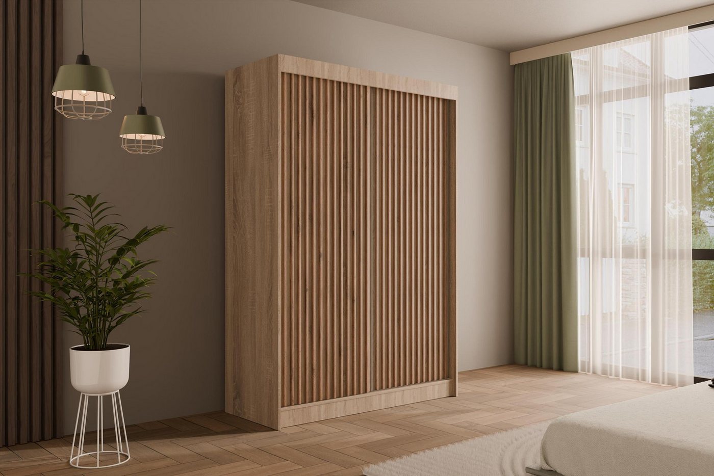 ALTDECOR Schiebetürenschrank VILANv2 (Kleiderschrank Garderobenschrank mit viel Stauraum Moderner Schrank) Vielseitiger Schwebetürenschrank Lamellen LED Beleuchtung von ALTDECOR
