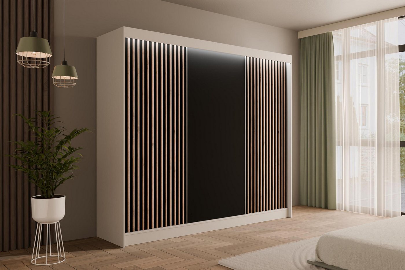 ALTDECOR Schiebetürenschrank VILANv2 (Kleiderschrank Garderobenschrank mit viel Stauraum Moderner Schrank) Vielseitiger Schwebetürenschrank Lamellen LED Beleuchtung von ALTDECOR
