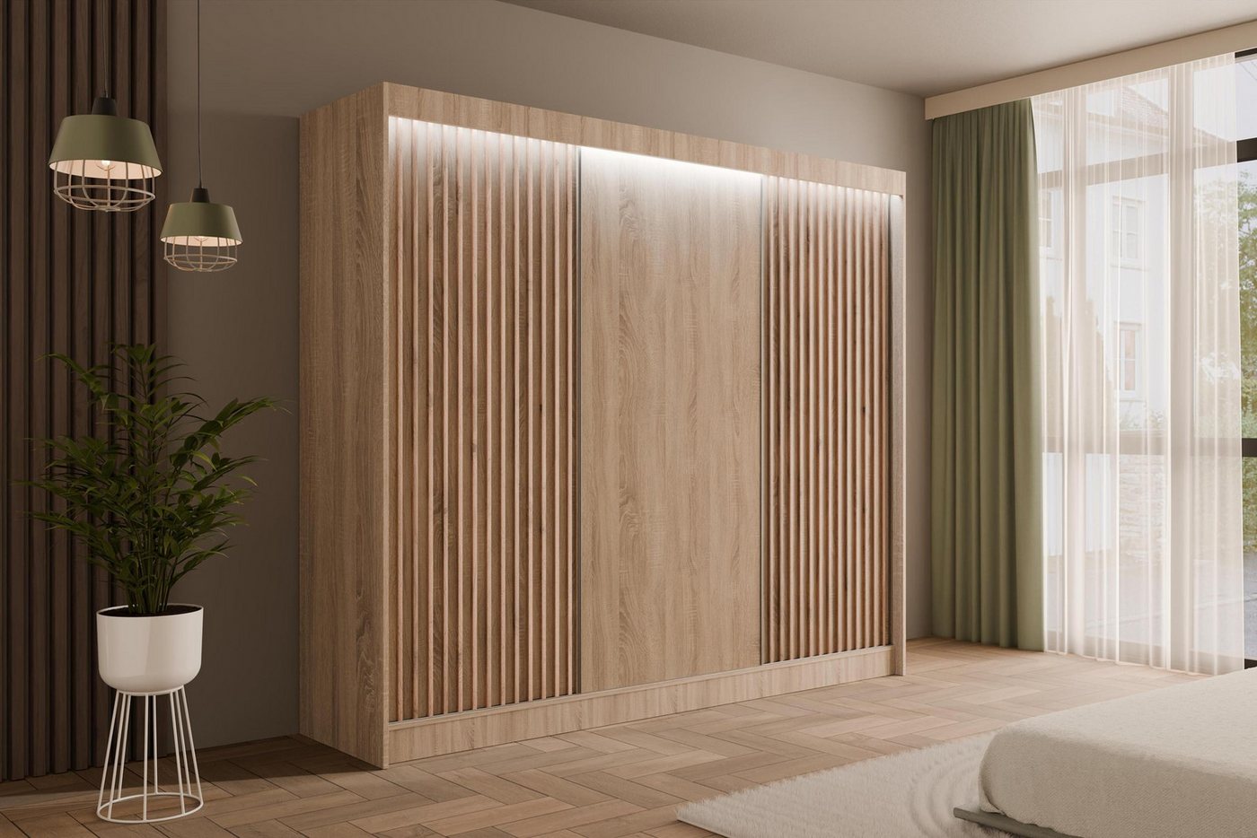ALTDECOR Schiebetürenschrank VILANv2 (Kleiderschrank Garderobenschrank mit viel Stauraum Moderner Schrank) Vielseitiger Schwebetürenschrank Lamellen LED Beleuchtung von ALTDECOR