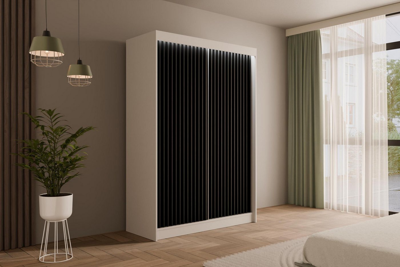 ALTDECOR Schiebetürenschrank VILANv2 (Kleiderschrank Garderobenschrank mit viel Stauraum Moderner Schrank) Vielseitiger Schwebetürenschrank Lamellen LED Beleuchtung von ALTDECOR