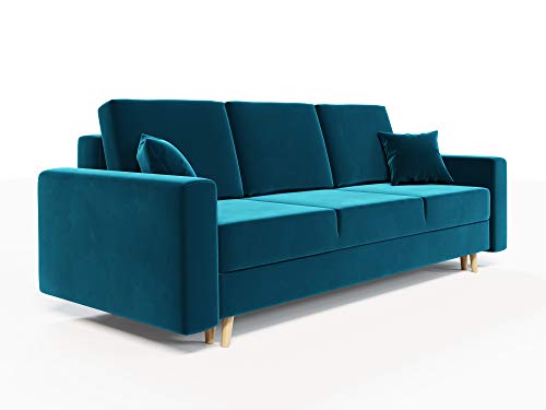 ALTDECOR Wohnzimmer Couch mit Schlaffunktion mit DL-Automatik, Polstercouch rückenecht gepolstert, ideal als Gästebett - KRONO - 236x95x87 cm Türkis von ALTDECOR