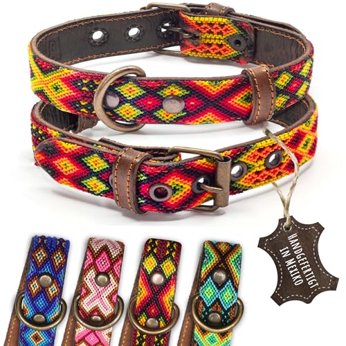 ALTEZAR Hundehalsband Leder - braunes Rindsleder Tribal Feuerrot durchgehend Bestickt gelb/orange/rot - Handgemacht in Mexiko Lederhalsband Hund - Größe S - für kleine Hunde ALTEZAR Hundehalsband Leder - braunes Rindsleder Tribal Feuerrot durchgehend Bestickt gelb/orange/rot - Handgemacht in Mexiko Lederhalsband Hund - Größe S - für kleine Hunde von ALTEZAR