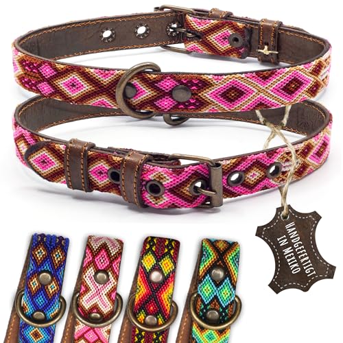 ALTEZAR Hundehalsband Leder - braunes Rindsleder Tribal Pink/Rosa/Weiß/Braunes durchgehend Bestickt - Handgemacht in Mexiko Lederhalsband Hund - Größe M - für mittel-große Hunde von ALTEZAR