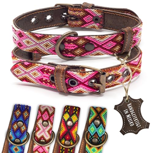 ALTEZAR Hundehalsband Leder - braunes Rindsleder Tribal Rosa/Pinkes durchgehend Bestickt - Handgemacht in Mexiko Lederhalsband Hund - Größe S - für kleine Hunde von ALTEZAR