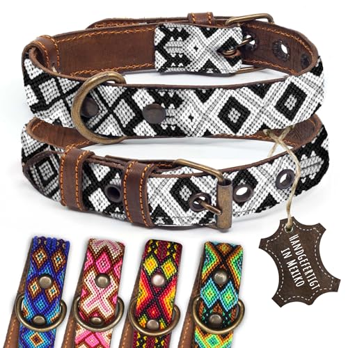 ALTEZAR Hundehalsband Leder - braunes Rindsleder Tribal Schwarz/Weiß durchgehend Bestickt bunt - Handgemacht in Mexiko Lederhalsband Hund - Größe S - für kleine Hunde ALTEZAR Hundehalsband Leder - braunes Rindsleder Tribal Schwarz/Weiß durchgehend Bestickt bunt - Handgemacht in Mexiko Lederhalsband Hund - Größe S - für kleine Hunde von ALTEZAR