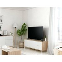 TV-Ständer Cary, Sideboard für Fernseher mit 2 Türen, TV-Ständer im Wohnzimmer, Fernsehschrank, Sideboard für Wohnzimmer, cm 130x41h47, Eiche und Weiß von ALTRI