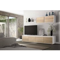 Einbaufertige Wand Savannah, TV-Ständer für Wohnzimmer, Zusammensetzung des Wohnzimmersets, Wohnzimmergarnitur mit Schrankwand, cm 200x41h43, Weiß von ALTRI