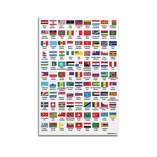 ALTUY Flaggen-Poster-Flaggen mit Namen von Ländern und Hauptstädten zum Drucken, dekoratives Gemälde, Leinwand-Poster, 40 x 60 cm von ALTUY