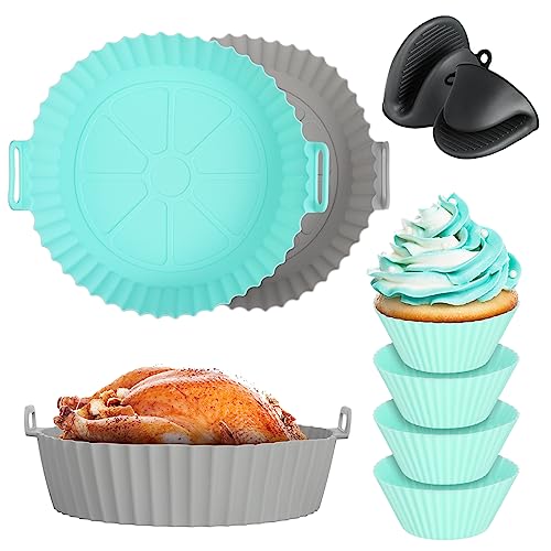 ALTcompluser Silikonform für Heißluftfritteuse, 8 Stück Airfryer Silikonform Set, 20cm Airfryer Silikon Pot Liners, Runde Zubehör Heißluftfritteus mit Handschuhen, Muffinformen, Topflappen Silikon von ALTcompluser