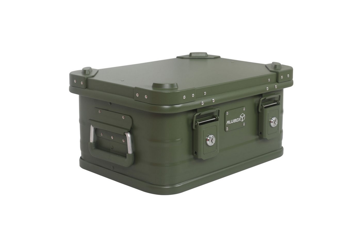 ALUBOX Aufbewahrungsbox Premium Lagerbox mit Druckguss Stapelecken olivgrün (47 Liter), Fangbänder am Deckel von ALUBOX