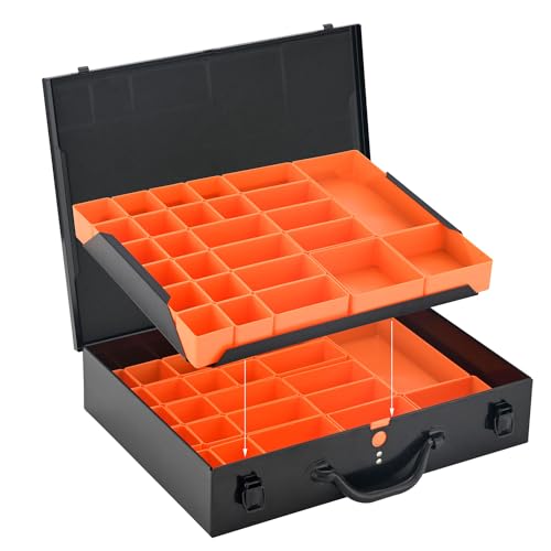 ALUBOX Sortimentsbox Kleinteilekoffer Stahlblech pulverbeschichtet - 2 Ebenen - 54 Einsatzkästen - 44,5 x 35 x 10 cm - schwarz von Alubox