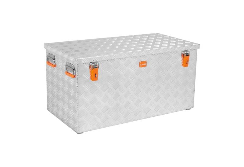 ALUBOX Aufbewahrungsbox aus Aluminiumriffelblech massive Transportkiste (250 Liter), Fangbänder & Gasdruckdämpfer im Deckel von ALUBOX