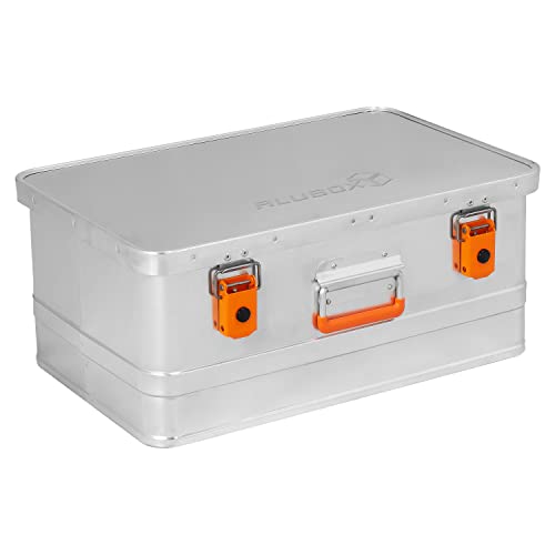 alubox Werkzeugtruhe Werkzeugkoffer 40 L silber Alu glänzend - orange Schnallen - Frontgriff - von ALUBOX