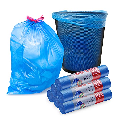ALUFIX Müllsäcke 60L - 64x70 cm - 6 Rollen mit Zugband - Material LDPE - Extrem Reißfest Blaue Mülltüten - 6 Rollen mit je 15 Stück - Ideal für Reparaturen und Gewerbeabfälle von ALUFIX