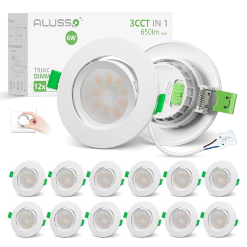 ALUSSO LIGHTING 12er Set LED Einbaustrahler 230V Flach Dimmbar Spots 6W 650lm mit Abnehmbar Modul, 3CCT Warmweiß Naturweiß Kaltweiß Schwenkbar Einbauspots 110° Abstrahlwinkel für Küche Wohnzimmer von ALUSSO LIGHTING
