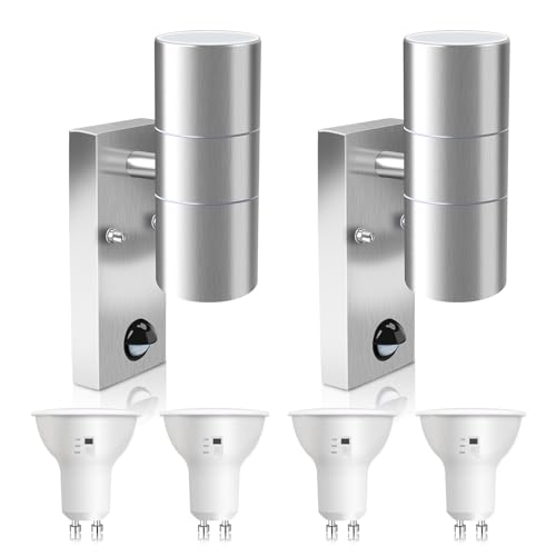 ALUSSO LIGHTING 2er Set Edelstahl LED Außenleuchte mit PIR Bewegungsmelder Up Down Außen Wandleuchte, Aussenlampe inkl. 4x 8W GU10 Glühbirnen 750LM 3000K/4000K/6000K, Wandlampe IP65 für Garten, Silber von ALUSSO LIGHTING