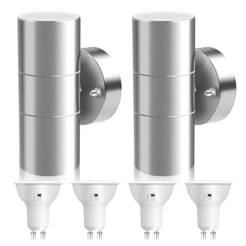 ALUSSO LIGHTING 2er Set Edelstahl LED Wandleuchte Innen/Außen Up Down Aussenlampe, Wandlampe inkl. 4x 8W GU10 Glühbirnen 750LM 3000K/4000K/6000K Außenlampe, Außenleuchte IP65 Wasserdicht, Silber von ALUSSO LIGHTING