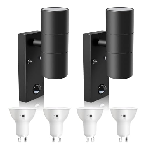 ALUSSO LIGHTING 2er Set LED Wandleuchte mit PIR Bewegungsmelder Edelstahl Up Down Außenleuchte, Wandlampe inkl. 4x 8W GU10 Glühbirnen 750LM 3000K/4000K/6000K, Aussenlampe IP65 Wasserdicht, Schwarz von ALUSSO LIGHTING