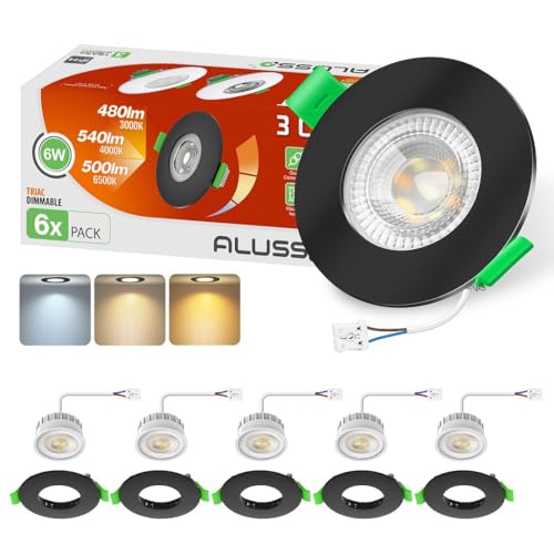 ALUSSO LIGHTING LED Einbaustrahler 230V Dimmbar Schwarz, 6W Spots Flach 68mm mit Abnehmbar Modul, 3CCT Warmweiß Naturweiß Kaltweiß IP44 Einbauleuchten Deckenspots für Badezimmer Küche, 6er von ALUSSO LIGHTING