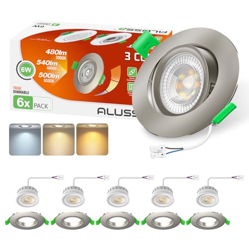 ALUSSO LIGHTING LED Einbaustrahler 230V Flach Dimmbar Spots 6W mit Abnehmbar Modul, 3CCT Warmweiß Naturweiß Kaltweiß Schwenkbar Einbauspots, Nickel Gebürstet, 6er Set von ALUSSO LIGHTING