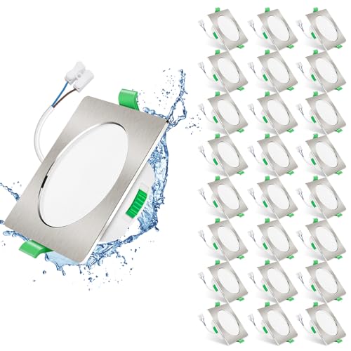 ALUSSO LIGHTING LED Einbaustrahler 230V Deckenspots flach Dimmbar 7W Ultra Slim Spots IP44 Deckenstrahler Einbauleuchten für Badezimmer Küche, 3000K/4000K/6500K Einbauspots, Quadrat Nickel 24er Set von ALUSSO LIGHTING