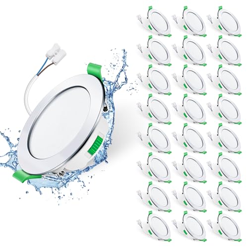 ALUSSO LIGHTING LED Einbaustrahler 230V Deckenspots flach Dimmbar 7W Ultra Slim Spots IP44 Deckenstrahler Einbauleuchten für Badezimmer Küche, 3000K/4000K/6500K Einbauspots, Rund Chrom 24er Set von ALUSSO LIGHTING