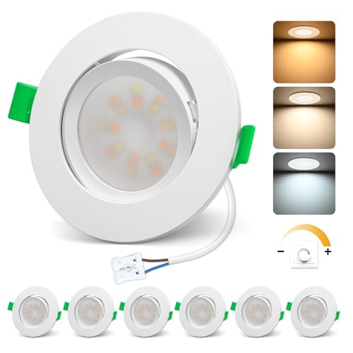 ALUSSO LIGHTING LED Einbaustrahler 230V Flach Dimmbar Spots 6W 650lm mit Abnehmbar Modul, 3CCT Warmweiß Naturweiß Kaltweiß Schwenkbar Einbauspots 110° Abstrahlwinkel für Küche Wohnzimmer, 6er Set von ALUSSO LIGHTING