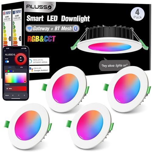 ALUSSO LIGHTING LED Einbaustrahler RGB, WiFi Bluetooth Deckenleuchte Smart Spots 8W Ø70-80mm Einbauleuchten 230V, 3000K-5700K Deckenspots via APP Deckenstrahler Kompatibel mit Alexa/Google, 4er Set von ALUSSO LIGHTING