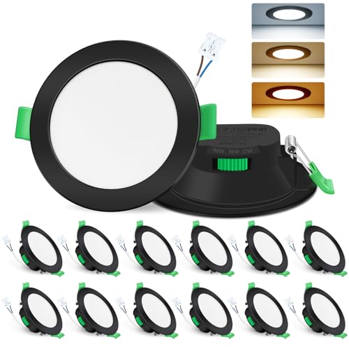 ALUSSO LIGHTING LED Einbaustrahler Schwarz 230V Flach Dimmbar LED Spots 7W Deckenspots IP44 Einbauleuchten 68mm Warmweiß Neutralweiß Kaltweiß Deckenstrahler für Badezimmer Wohnzimmer, 12er Set von ALUSSO LIGHTING