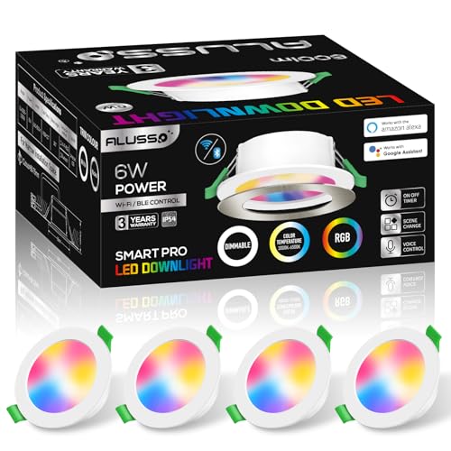 ALUSSO LIGHTING LED Einbaustrahler WIFI & Bluetooth, 6W IP54 Smart LED Spots 230V Dimmbar, 3000K-6500K RGB Farbwechsel Deckenleuchte für Wohnzimmer, Badezimmer, Küche (4 Stück) von ALUSSO LIGHTING