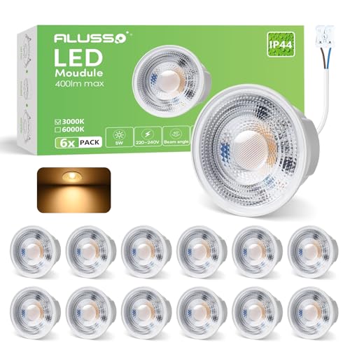 ALUSSO LIGHTING LED Modul Ultra Flach ø50x24mm für Einbaustrahler, 5W 400lm 230V, Warmweiß 3000K Nicht Dimmbar, Ersetzt GU10 MR16 Leuchtmittel, IP44 Wasserdicht, 12er von ALUSSO LIGHTING