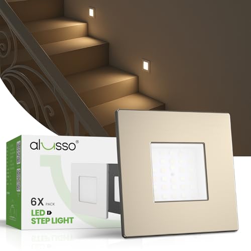 ALUSSO® 6er Set LED Treppenbeleuchtung 230V Dimmbar 3CCT Warmweiß Neutralweiß Kaltweiß Treppenlicht, 3WT 0.5W 1.5W 2.5W IP44 Treppenstufenbeleuchtung Treppenleuchte Wandeinbauleuchte, Eckig Nickel von ALUSSO
