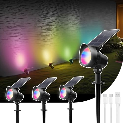 ALUSSO 4 Stück RGB Solar Gartenleuchte, Farbig Solarlampen für Außen Garten, IP65 Wasserdicht Solarstrahler für Außen, Bunt Solarleuchten für Garten Weg Terrasse Halloween Weihnachten Deko,3 Modi von ALUSSO