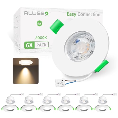 ALUSSO IP44 LED Einbaustrahler 230V Fix Installiert, 5W 400lm 3000K Warmweiß, Ultra Slim 2.5cm Feuchtigkeitsgeschützt, 60° Abstrahlwinkel Weißer Kunststoff, 6er Set für Badezimmer Küche Flur von ALUSSO