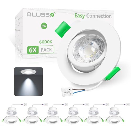 ALUSSO LED Einbaustrahler 230V 5W 400lm Schwenkbar 45°, 6000K Tageslicht Deckenstrahler Ultra Slim 2.5cm, 60° Abstrahlwinkel Deckenspots IP20, Weiße Kunststoff Spots Küche Büro Werkstatt, 6er Set von ALUSSO