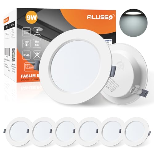 ALUSSO LED Einbaustrahler 230V Ultra flach 9W Deckenspots 6500K Kaltweiß Slim Einbauleuchten 25,5mm Einbautiefe, IP44 Deckenstrahler für Badzimmer Wohnzimmer, 6er Set von ALUSSO