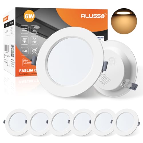 ALUSSO LED Einbaustrahler Ultra flach 6W 230V Deckenspots IP44 Warmweiß 3000K Einbauleuchten led Einbautiefe 25,5mm Slim Deckenstrahler für Badezimmer Wohnzimmer, 6er Set von ALUSSO