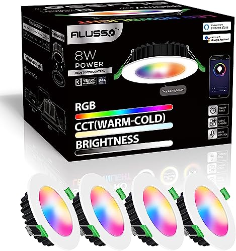 ALUSSO Alexa Downlights, 8W IP44 Dimmbares RGB-Downlight CCT 3000-5700K Bluetooth WIFI APP-Steuerung Kompatibel Mit Alexa Google Assistant Smart Life APP, 70-80mm Ausschnitt 650LM 4er Pack ALUSSO Alexa Downlights, 8W IP44 Dimmbares RGB-Downlight CCT 3000-5700K Bluetooth WIFI APP-Steuerung Kompatibel Mit Alexa Google Assistant Smart Life APP, 70-80mm Ausschnitt 650LM 4er Pack von ALUSSO