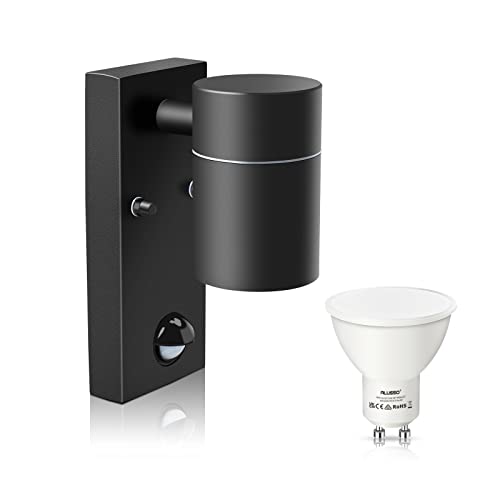 ALUSSO Außenwandleuchte Edelstahl PIR-Bewegungssensor IP65 Wasserdicht Schwarz Wandleuchte Downlight Garten Sicherheitswandleuchte mit 5W GU10 LED Leuchtmittel 3000K Warmweiß, 1 Stück von ALUSSO