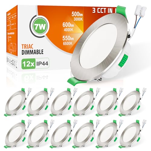 ALUSSO Einbaustrahler LED Spots 230V Dimmbar Deckenspots 68mm Ultra Flach 7W IP44 Warmweiß Neutralweiß Kaltweiß Einbauleuchten für Badezimmer Wohnzimmer, Nickel Gebürstet, 12er Set von ALUSSO