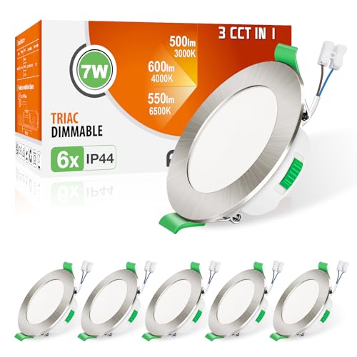 ALUSSO Einbaustrahler LED Spots 230V Dimmbar Deckenspots 68mm Ultra Flach 7W IP44 Warmweiß Neutralweiß Kaltweiß Einbauleuchten für Badezimmer Wohnzimmer, Nickel Gebürstet, 6er Set von ALUSSO