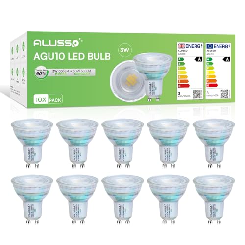 ALUSSO Klasse A GU10 LED Warmweiss Lampe, 3W 550LM 2700K Glühbirne, Spot GU10 Energiesparlampe 60W Halogenlampe Ersetzt, Abstrahlwinkel 120° LED Leuchtmitte, Nicht Dimmbar Birne, 10 Stück von ALUSSO
