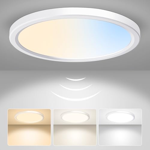 ALUSSO LED Deckenleuchte mit Radar Bewegungssensor, 18W Deckenlampe 3CCT 3000K 4000K 6500K 1600LM, IP44 Wasserdichte Badezimmer Lampe Flach für Wohnzimmer Schlafzimmer Küche Flur Garage, Rund Ø22cm von ALUSSO