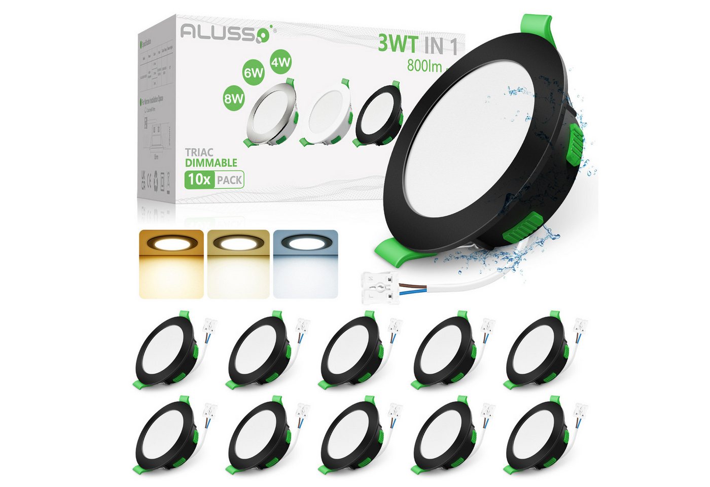 ALUSSO LED Einbaustrahler 10er-Set, 8W LED Einbaustrahler, Decken Leuchte, Flach Strahler, mit hochwertigen PC-Materialen, Rund, Schwarz von ALUSSO