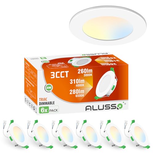 ALUSSO LED Einbaustrahler 230V, 4W 68mm Dimmbar LED Spots, 310LM IP44 Bad LED Einbauleuchten, Warmweiß 3000K Neutralweiß 4000K Kaltweiß 6500K LED Deckenspots für Wohnzimmer, 6er Set von ALUSSO