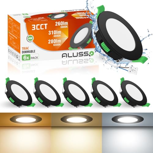 ALUSSO LED Einbaustrahler 230V 4W Flach,Dimmbar LED Spots 230V,68mm LED Deckenspots LED Einbauleuchten,Warmweiß 3000K Neutralweiß 4000K Kaltweiß 6500K,Schwarz IP44 Einbauspots für Badezimmer,6er Set von ALUSSO