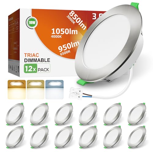 ALUSSO LED Einbaustrahler 230V Dimmbar 10W 1050LM Spots Flach 3CCT 3000K Warmweiß 4000K Neutralweiß 6500K Kaltweiß IP44 Einbauleuchten für Badezimmer Küche Wohnzimmer, Gebürstet Nickel, 12er Set von ALUSSO