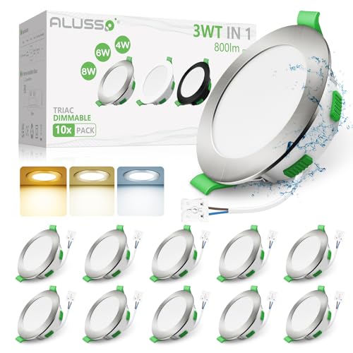 ALUSSO LED Einbaustrahler 230V Dimmbar 68mm LED Spots Flach, 3WT 4W 6W 8W 3CCT 3000K Warmweiß 4000K Neutralweiß 6500K Kaltweiß IP44 Einbauleuchten für Badezimmer Küche Wohnzimmer, 10er Set von ALUSSO