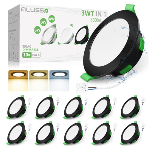ALUSSO LED Einbaustrahler 230V Dimmbar Flach Schwarz LED Spots 68mm, 3WT 4W 6W 8W 3CCT 3000K Warmweiß 4000K Neutralweiß 6500K Kaltweiß IP44 Einbauleuchten für Badezimmer Küche Wohnzimmer, 10er Set von ALUSSO
