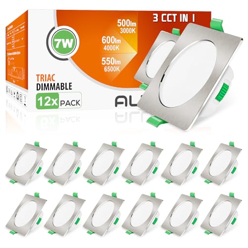 ALUSSO LED Einbaustrahler 230V Eckig Dimmbar Flach 68mm 7W IP44 LED Spots Warmweiß Neutralweiß Kaltweiß Deckenstrahler für Badezimmer Küche Wohnzimmer, Nickel Gebürstetes, 12er Set von ALUSSO